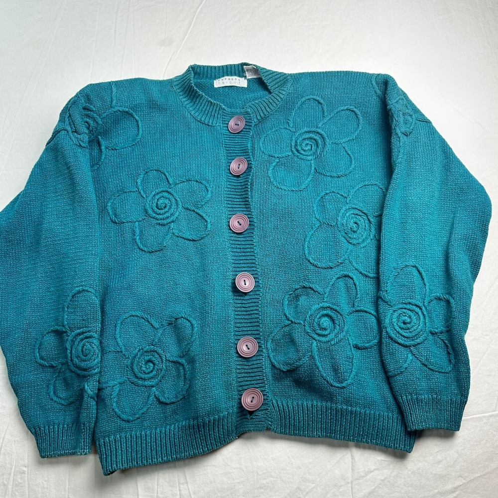 Vintage Express Tricot Teal Blue Floral 3D Knit Cardigan Sweater Womens Medium
